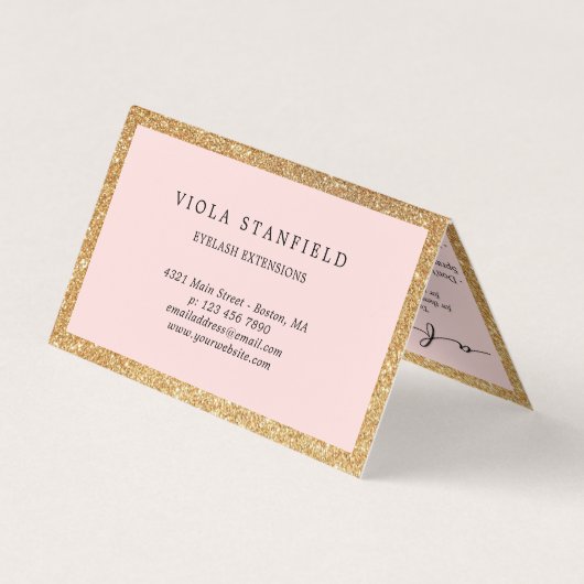 フェイク金ゴールドと赤面のピンクのまつげアフターケア 名刺 (裏面)