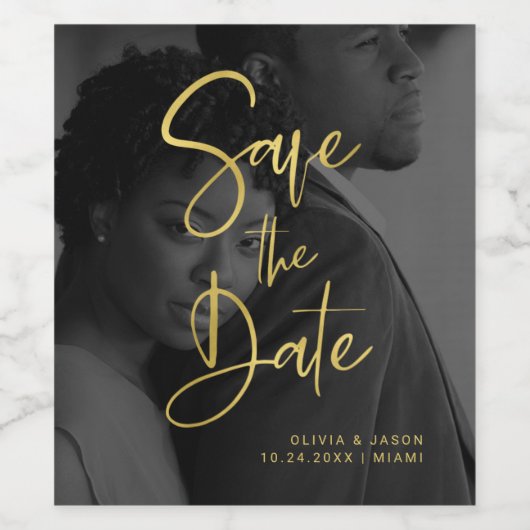 フェイク金ゴールドと黒のオーバーレイ |写真の保存日付 ワインラベル (シングルラベル)