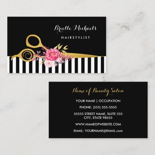 フェイク金ゴールドはさみストライプフローラヘアサロン 名刺 (正面/裏面)