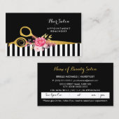 フェイク金ゴールドはさみピンクフローラサロンアポイントメント 予約カード (正面/裏面)