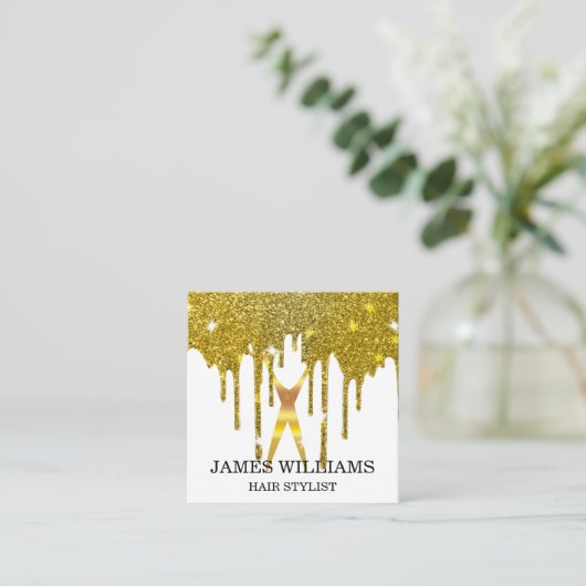 フェイク金ゴールドはさみ美容師点滴 スクエア名刺 (スタンド正面)