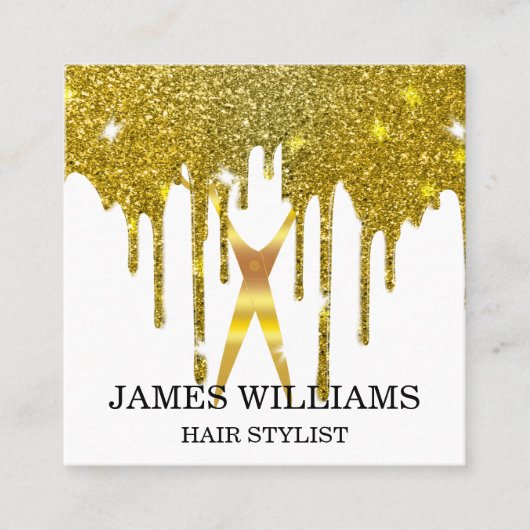 フェイク金ゴールドはさみ美容師点滴 スクエア名刺 (正面)