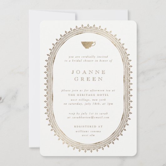 フェイク金ゴールドアフタヌーンティーブライダル/ウェディングシャワー 招待状 (正面)