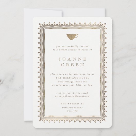 フェイク金ゴールドアフタヌーンティーブライダル/ウェディングシャワー 招待状 (正面)