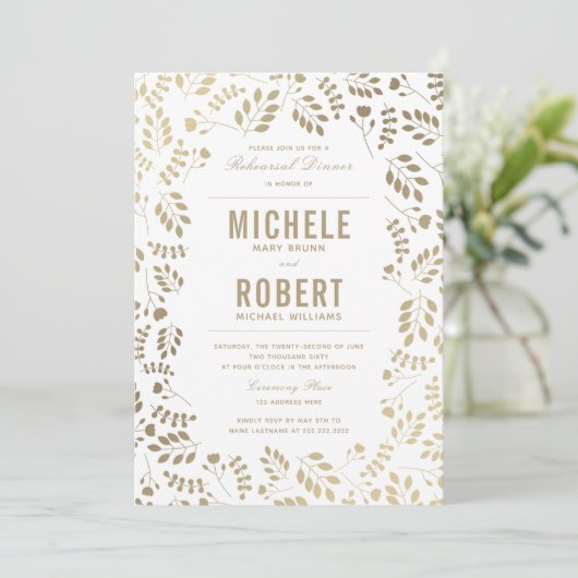 フェイク金ゴールドエレガントフローラリハーサルディナー招待状 招待状 (スタンド正面)