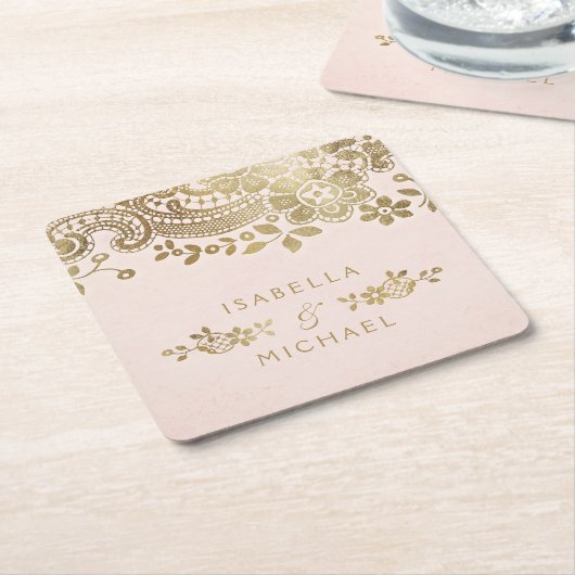 フェイク金ゴールドエレガントヴィンテージ結婚レース スクエアペーパーコースター (アングル)