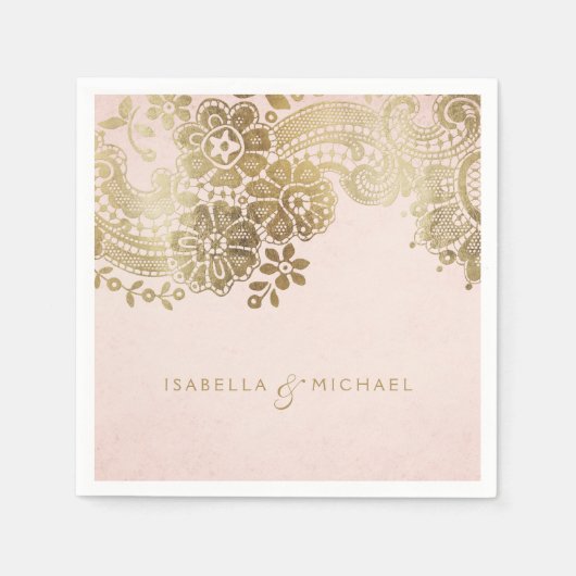 フェイク金ゴールドエレガントヴィンテージ結婚レース スタンダードカクテルナプキン (正面)