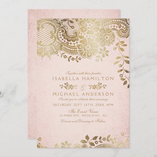 フェイク金ゴールドエレガントヴィンテージ結婚レース 招待状 (正面/裏面)