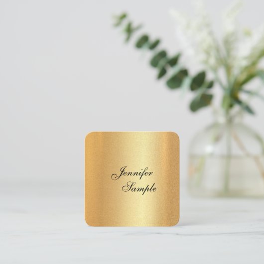 フェイク金ゴールドエレガント手書きスクリプトテンプレート スクエア名刺 (スタンド正面)