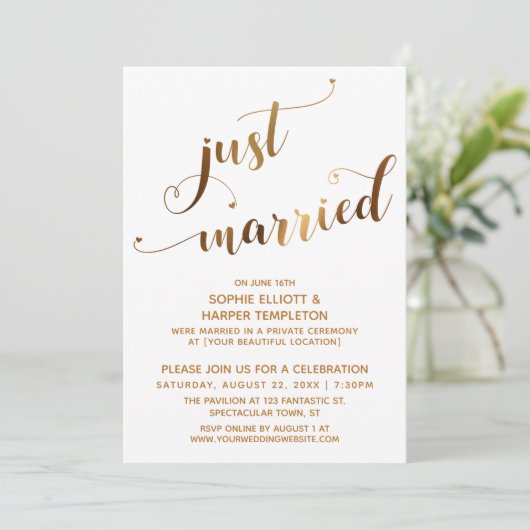 フェイク金ゴールドオン白たった今結婚しましたポスト結婚イベント 招待状 (スタンド正面)