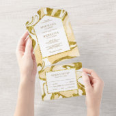フェイク金ゴールドグリッタークリームアイボリーマーブル結婚ズ オールインワン招待状 (貼ってはがせる)