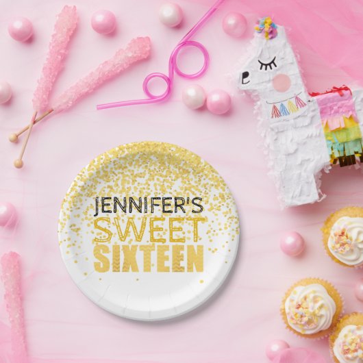 フェイク金ゴールドグリッタースイート16パーティー紙プレート ペーパープレート (パーティー)