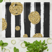 フェイク金ゴールドグリッタードット白黒ストライプ キッチンタオル (折り畳み)