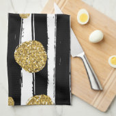 フェイク金ゴールドグリッタードット白黒ストライプ キッチンタオル (四つ折り)