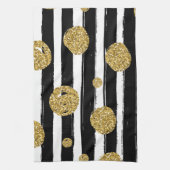 フェイク金ゴールドグリッタードット白黒ストライプ キッチンタオル (縦)