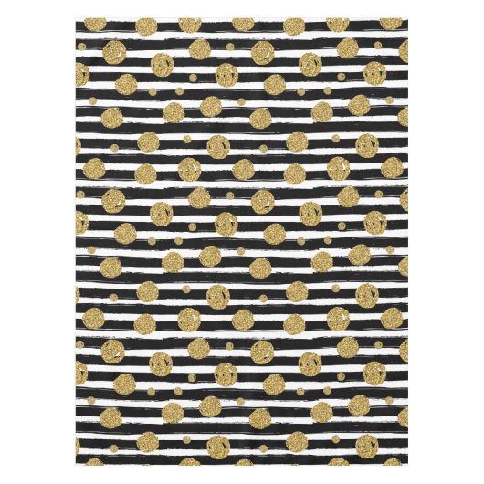 フェイク金ゴールドグリッタードット白黒ストライプ テーブルクロス (正面)