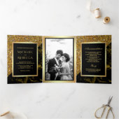 フェイク金ゴールドグリッター金ゴールドマーブルフォト結婚ズ 三つ折り招待状 (内部)