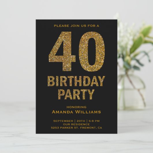 フェイク金ゴールドグリッター40th誕生日パーティの招待状 招待状 (スタンド正面)
