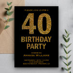 フェイク金ゴールドグリッター40th誕生日パーティの招待状 招待状<br><div class="desc">黒い背景に金のグリッター文字を搭載した華やかな40歳のバースデーはっきりしたパーティの招待状でゲストを驚かせなさい。単にイベント詳細をこの使い慣れた簡単テンプレートに追加し、簡単に招待できるようにする。カードを裏返して、カードの背面フェイクに金ゴールドグリッターテクスチャを表示する。</div>