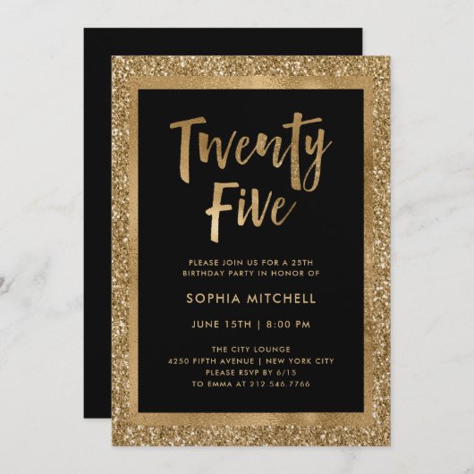 フェイク金ゴールドグリッター | 第25回誕生日パーティー 招待状 (正面/裏面)