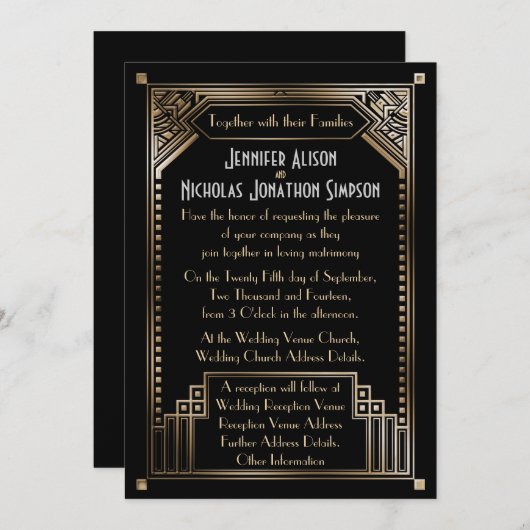 フェイク金ゴールドシェーディングアールデコ結婚 招待状 (正面/裏面)