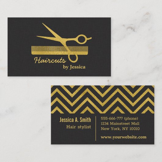 フェイク金ゴールドシモダンックはさみコーム美容師 名刺 (正面/裏面)