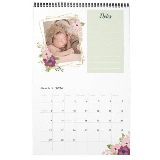 フェイク金ゴールドジオフレームフローラの写真とメモ カレンダー (3月 2026)