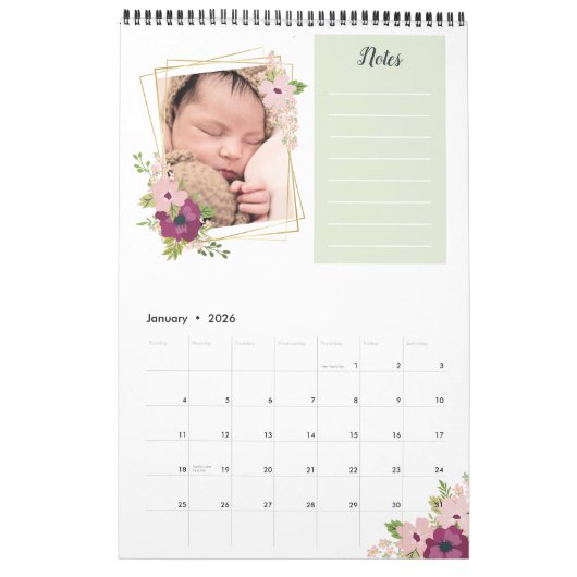 フェイク金ゴールドジオフレームフローラの写真とメモ カレンダー (1月 2026)