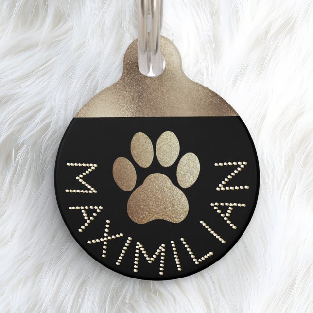 フェイク金ゴールドスパークルディアマンテクールエフェクト ペット　ネームタグ (A faux gold name tag for your pet dog, with glitter-effect pawprint and faux diamante letters)
