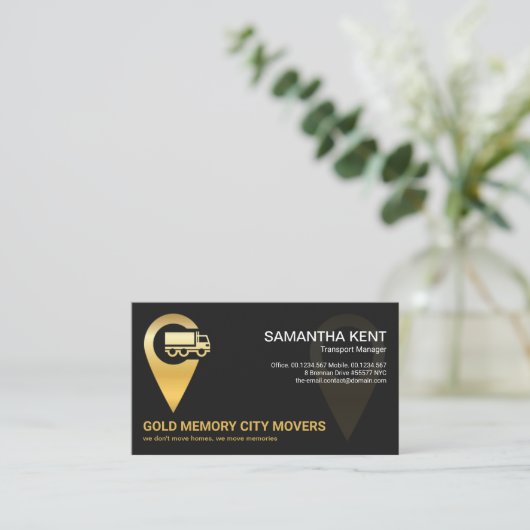 フェイク金ゴールドトラックの位置アイコン物流輸送 名刺 (スタンド正面)