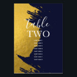 フェイク金ゴールドネイビー結婚ブルーのゲスト名 テーブルナンバー<br><div class="desc">ネイビエレガントー青の背景フェイクを持つ上品な金ゴールドブラシストロークデザイン。このシンプル色の組み合わせは、洗練された、トレンディーとシックなスタイルを作成する。エレガントなウェディングテーブル番号カードのデザインモダンと要素。そのシンプルタイポグラフィの与えスタイル設定。マッチング結婚式招待状や他の文房具も用意。各テーカスタマイズブルの番号と購入は、必要なテーブル番号の数に応じて個別に行う。</div>