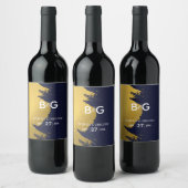 フェイク金ゴールドネイビー青モノグラム結婚ズ ワインラベル (ボトル)