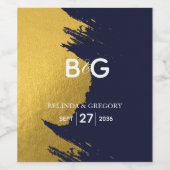 フェイク金ゴールドネイビー青モノグラム結婚ズ ワインラベル (シングルラベル)