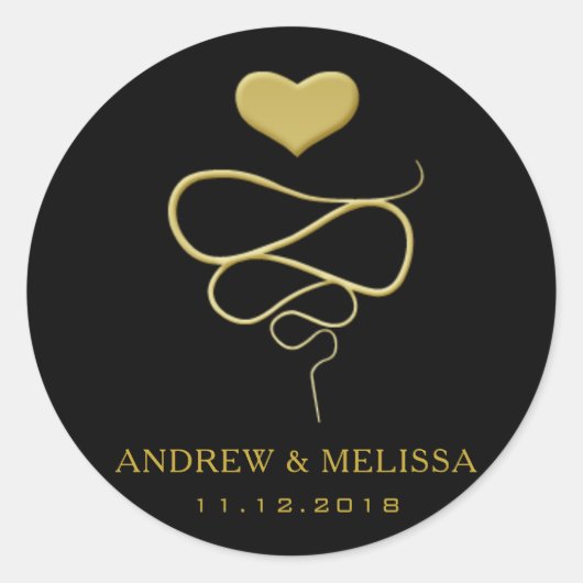 フェイク金ゴールドハートオーナメント |ブラック結婚のステッカー ラウンドシール (正面)