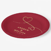 フェイク金ゴールドハートパーソナライズされたレッド結婚ズ ペーパープレート (アングル)