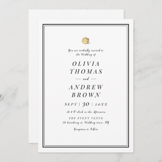 フェイク金ゴールドバラ白黒ミニマ結婚リスト 招待状 (正面/裏面)