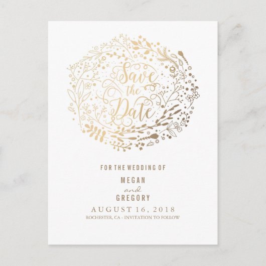 フェイク金ゴールドフォイルフローラブーケリース保存日付 案内ポストカード (正面)