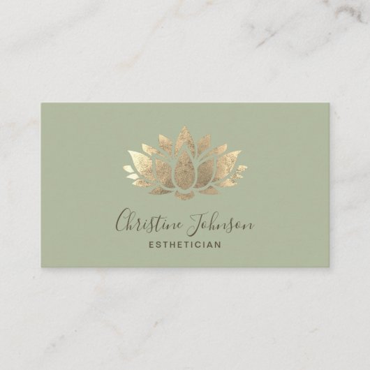 フェイク金ゴールドフォイル蓮のロゴのセージ緑 名刺 (正面)