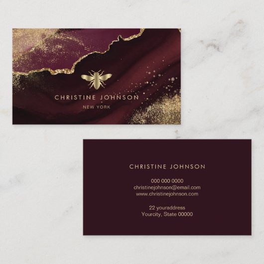 フェイク金ゴールドフォイルbee on burgundyデザイン 名刺 (正面/裏面)