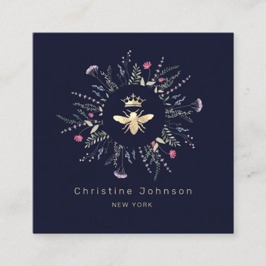 フェイク金ゴールドフォイルQueen Beeワイルドフラワーフレーム スクエア名刺 (正面)