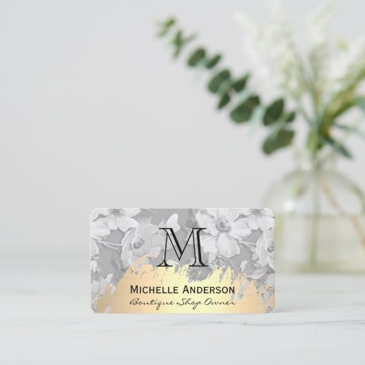 フェイク金ゴールドブラシクラシック付きモノグラム花模様 名刺 (スタンド正面)