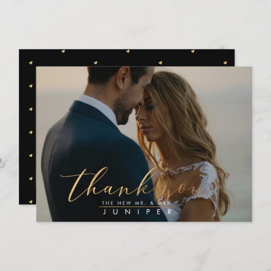 フェイク金ゴールドブラシスクリプト写真サンキューカード 招待状 (正面/裏面)