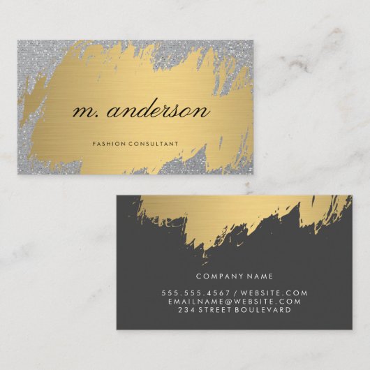フェイク金ゴールドブラシ付きホワイトグレー |きらめくグリッター 名刺 (正面/裏面)