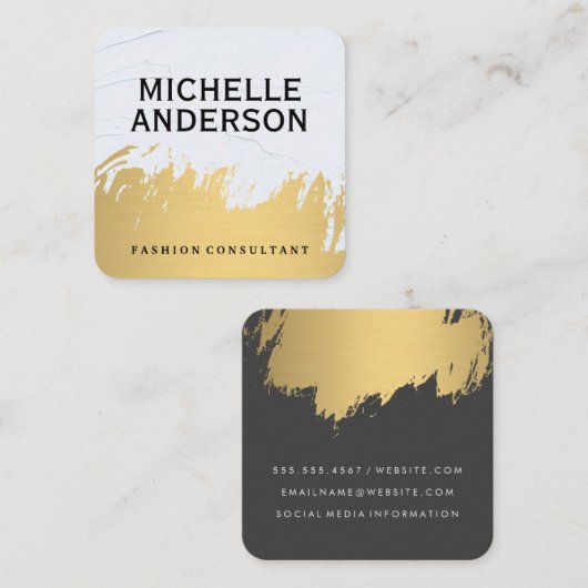フェイク金ゴールドブラシ付きホワイトグレー |ファッション スタイリッシュ スクエア名刺 (正面/裏面)