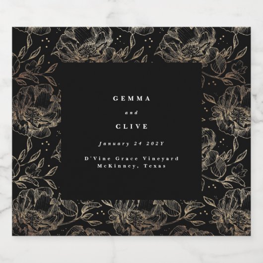 フェイク金ゴールドブラックエレガントフローラ結婚のギフトジン リキュールボトルラベル (シングルラベル)