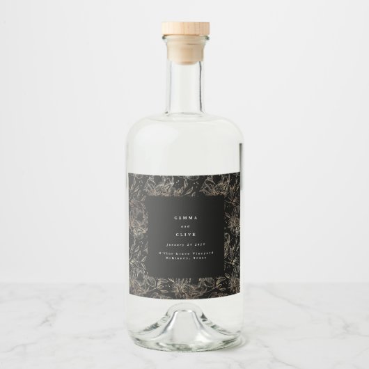 フェイク金ゴールドブラックエレガントフローラ結婚のギフトジン リキュールボトルラベル (正面)