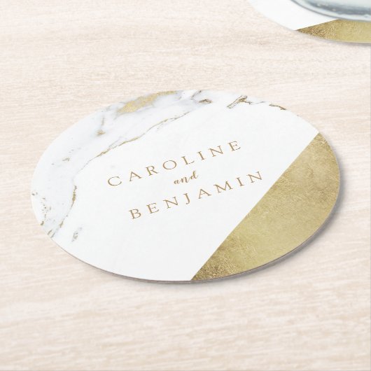 フェイク金ゴールドホイル大理石モダン結婚高級 ラウンドペーパーコースター (アングル)