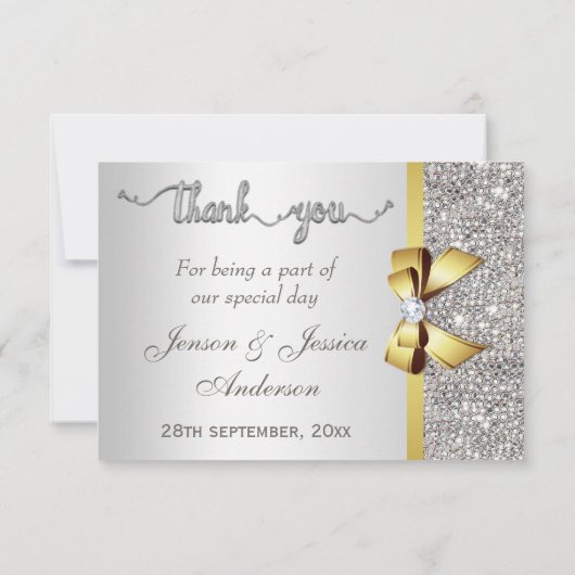 フェイク金ゴールドボウシルバーシークインズありがとうござ結婚う サンキューカード (裏面)