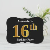 フェイク金ゴールドルック16th誕生日パーティー+名前をカスタムする 招待状 (スタンド正面)