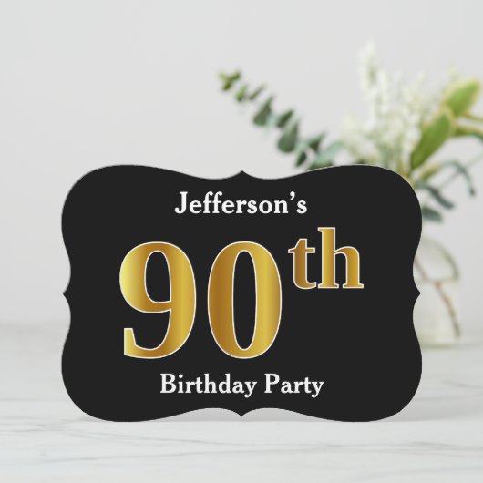 フェイク金ゴールドルック90th誕生日パーティー+名前をカスタムする 招待状 (スタンド正面)